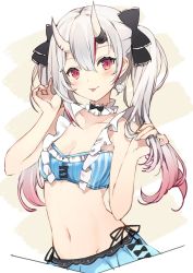 Rule 34 | 1girl, arms up, bare shoulders, bikini, bikini skirt, black bow, blue bikini, blush, bow, breasts, choker, cleavage, collarbone, earrings, frilled bikini, frilled choker, frills, gradient hair, hair between eyes, hair bow, hand in own hair, highres, hololive, horns, jewelry, long hair, multicolored hair, nakiri ayame, nakiri ayame (hololive summer 2019), navel, official alternate costume, oni, red eyes, red hair, side-tie bikini bottom, silver hair, sketch, skin-covered horns, small breasts, solo, streaked hair, striped bikini, striped clothes, sutorora, swimsuit, tongue, tongue out, twintails, two-tone hair, two side up, vertical-striped bikini, vertical-striped clothes, virtual youtuber