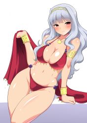 Rule 34 | 10s, 1girl, arm support, armlet, bad id, bikini, blush, bracelet, breasts, cleavage, dancer, hairband, highres, idolmaster, idolmaster (classic), idolmaster million live!, jewelry, kyokutou hentai samurai, large breasts, long hair, looking at viewer, lots of jewelry, navel, necklace, pendant, red bikini, red eyes, shawl, shijou takane, shiny skin, silver hair, simple background, smile, solo, swimsuit, thigh gap, white background, wide hips