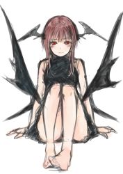 Rule 34 | 1girl, bare shoulders, barefoot, bat wings, black dress, closed mouth, dress, expressionless, feet, full body, highres, knees up, koakuma, leaning back, looking at viewer, low wings, nagata nagato, red eyes, red hair, simple background, sitting, sketch, solo, toes, touhou, white background, wings