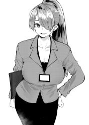 Rule 34 | 1girl, breasts, cleavage, collarbone, collared shirt, commentary, commission, dress shirt, english commentary, folder, greyscale, hair over one eye, hand on own hip, high ponytail, id card, lanyard, large breasts, long hair, looking at viewer, monochrome, norman maggot, office lady, open mouth, original, pencil skirt, ponytail, shirt, skirt, solo, undershirt