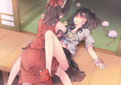 Rule 34 | 2girls, bad id, bad pixiv id, bare shoulders, between legs, black dress, black hair, blush, bow, brown hair, cloneko (zelmeledf2), commentary request, detached sleeves, dress, eye contact, female focus, geta, girl on top, hair bow, hair tubes, hakurei reimu, hand on another&#039;s face, hat, hat ribbon, looking at another, lying, multiple girls, on back, open mouth, restrained, ribbon, shameimaru aya, shirt, short sleeves, skirt, skirt set, spell card, tokin hat, touhou, veranda, you gonna get raped, yuri