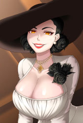 Rule 34 | 1girl, alcina dimitrescu, black flower, black hair, black rose, breasts, cleavage, dress, earrings, flower, glowing, glowing eyes, hat, highres, huge breasts, jewelry, large breasts, mature female, necklace, pale skin, pearl necklace, resident evil, resident evil village, rinko riban, rose, self-upload, smile, solo, tall female, vampire, white dress, yellow eyes