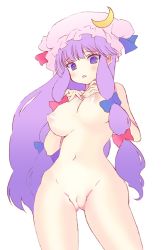 Rule 34 | 1girl, bad id, bad pixiv id, blue bow, bow, breasts, cowboy shot, crescent, crescent hair ornament, female focus, hair ornament, hair ribbon, hat, hat ribbon, large breasts, long hair, looking at viewer, mob cap, navel, nipples, nude, open mouth, patchouli knowledge, purple eyes, purple hair, pussy, red bow, ribbon, shaka ineru, solo, touhou, uncensored