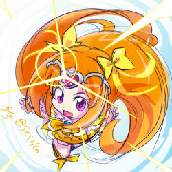 Rule 34 | 10s, 1girl, bow, circlet, cure muse, cure muse (yellow), dated, frills, hair bow, heart, long hair, magical girl, orange hair, pink eyes, precure, shirabe ako, sketch, skirt, smile, solo, suite precure, tashiaki (sesoken), tatsu (seisouken), yellow bow