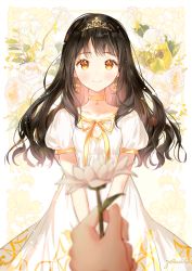 Rule 34 | 1girl, artist name, black hair, blurry, blurry foreground, blush, bow, bow earrings, choker, closed mouth, collarbone, depth of field, dress, earrings, floral background, flower, flower request, gomzi, holding, holding flower, jewelry, long hair, looking at viewer, orange choker, orange eyes, original, pink hair, pov, puffy short sleeves, puffy sleeves, ribbon, rose, short sleeves, smile, solo focus, tareme, tiara, two side up, upper body, v arms, white dress, white flower, white rose, yellow ribbon