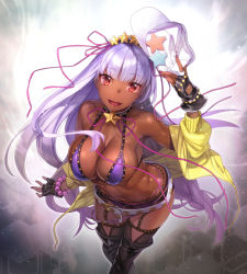 Rule 34 | 1girl, bb (fate), bb (fate) (all), bb (swimsuit mooncancer) (fate), bb (swimsuit mooncancer) (first ascension) (fate), bb (swimsuit mooncancer) (second ascension) (fate), belt, bikini, black garter belt, breasts, choker, cleavage, commentary request, fate/grand order, fate (series), fingerless gloves, garter belt, gloves, gold trim, gyaru, hair ornament, hat, highres, holding, holding clothes, holding hat, jacket, jewelry, large breasts, lips, long hair, looking at viewer, loose belt, micro shorts, nekomata naomi, open mouth, purple bikini, purple hair, red eyes, short shorts, shorts, solo, star (symbol), star choker, star hair ornament, swimsuit, tan, thighhighs, unworn hat, unworn headwear, very long hair