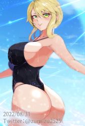 Rule 34 | 1girl, arched back, artoria pendragon (fate), artoria pendragon (lancer) (fate), ass, blue sky, braid, braided bun, breasts, closed mouth, dated, fate/grand order, fate (series), green eyes, hair bun, highres, large breasts, looking at viewer, one-piece swimsuit, sideboob, sidelocks, sky, smile, solo, swept bangs, swimsuit, thick thighs, thighs, twisted torso, twitter username, wet, zumizu
