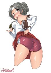 Rule 34 | 10s, 1girl, armpits, ass, bad id, bad twitter id, black eyes, blush, breasts, brown hair, buruma, cowboy shot, cropped legs, detached sleeves, ebifurya, from behind, headband, highres, inactive account, kantai collection, long sleeves, looking at viewer, looking back, medium breasts, nagara (kancolle), neckerchief, open mouth, red skirt, school uniform, serafuku, short hair, side ponytail, simple background, skirt, solo, sweat, twitter username, white background