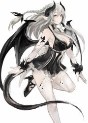 Rule 34 | 1girl, bare shoulders, black dress, black wings, braid, breasts, cleavage, cross-laced footwear, dragon girl, dragon horns, dragon tail, dragon wings, dress, elbow gloves, gloves, grey hair, hair ribbon, hair tubes, high heels, highres, horns, large breasts, light smile, long hair, looking at viewer, md5 mismatch, original, pointy ears, red eyes, resized, ribbon, ricci, short dress, sidelocks, simple background, single braid, solo, standing, standing on one leg, tail, thighhighs, white background, white gloves, white thighhighs, wings