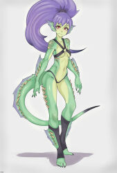 Rule 34 | blush, breasts, claws, colored skin, green skin, highres, long hair, medium breasts, meolucky147, monster girl, purple hair, red eyes, revealing clothes, sideboob, tail