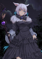 Rule 34 | 1girl, animal ears, arms at sides, black dress, black mage (final fantasy), blue eyes, breasts, brooch, cat ears, center opening, cleavage, closed mouth, dress, expressionless, facial mark, feather hair ornament, feathers, final fantasy, final fantasy xiv, fingernails, gloves, grey hair, hair ornament, highres, holding, holding staff, holding weapon, jewelry, long sleeves, looking down, miqo&#039;te, neck tattoo, night, outdoors, partially fingerless gloves, ring, short hair, sky, slit pupils, solo, staff, star (sky), starry sky, tattoo, timato, weapon, whisker markings, y&#039;shtola rhul