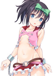 Rule 34 | 1girl, black hair, blue eyes, blush, bow, cuffs, facial mark, hair bow, highres, hip vent, kunihiro hajime, long hair, looking at viewer, navel, open mouth, pila (pilayamato), ponytail, revealing clothes, saki (manga), shiny skin, simple background, solo, standing, star (symbol), white background