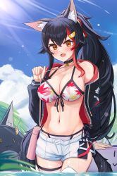 Rule 34 | 1girl, :d, absurdres, animal ear fluff, animal ears, bikini, bikini under clothes, black choker, black hair, black jacket, blue sky, blurry, blush, breasts, choker, cleavage, collarbone, cowboy shot, crossed bangs, day, depth of field, fang, hair ornament, highres, holding strap, hololive, jacket, large breasts, leaf, leaf print, long hair, maple leaf, maple leaf print, miochun, multicolored hair, navel, off shoulder, oksuri, ookami mio, ookami mio (hololive summer 2019), open fly, open mouth, orange eyes, outdoors, ponytail, red hair, short shorts, shorts, sky, smile, solo focus, stomach, streaked hair, sunlight, swimsuit, tail, thermos, thigh strap, two-sided fabric, two-sided jacket, two-tone hair, virtual youtuber, wading, water, wet, white shorts, wolf ears, wolf girl, wolf tail, zipper