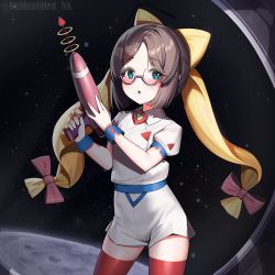 Rule 34 | 1girl, aqua eyes, bespectacled, blush, brown hair, glasses, gun, hair ornament, hairclip, highres, holding, holding gun, holding weapon, kaiboukan no. 30 (kancolle), kantai collection, long hair, looking at viewer, moon, open mouth, puffy short sleeves, puffy sleeves, red thighhighs, short sleeves, skirt, solo, space, thighhighs, twitter username, unidentified nk, weapon, white skirt