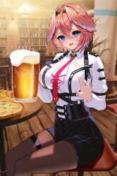 Rule 34 | 1girl, alcohol, ascot, bar (place), beer, beer mug, black choker, black hairband, black pantyhose, blue eyes, blush, breast zipper, breasts, chest harness, choker, coffee table, commentary request, cup, double-parted bangs, dress shirt, embarrassed, hair between eyes, hair wings, hairband, hand up, harness, high-waist shorts, highres, holding, holding cup, hololive, impossible clothes, impossible shirt, inari (ambercrown), large breasts, leather shorts, long sleeves, looking at viewer, mug, necktie, on stool, open mouth, paid reward available, pantyhose, parted hair, pink hair, red necktie, shirt, short hair, shorts, sitting, sleeve garter, smile, solo, table, takane lui, takane lui (1st costume), thigh strap, thighs, underbust, virtual youtuber, white ascot, white shirt