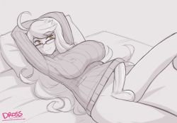 Rule 34 | ahoge, alma armas, arms behind head, arms up, bottomless, dross, erection, futanari, glasses, long hair, lying, monochrome, newhalf, penis, pillow, smile, solo, testicles, va-11 hall-a