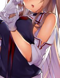 Rule 34 | 1girl, bare shoulders, blush, breasts, detached sleeves, fellatio gesture, gloves, head out of frame, kantai collection, light brown hair, long hair, medium breasts, murasame (kancolle), open mouth, orihi chihiro, sexually suggestive, solo, tongue, white background, white gloves
