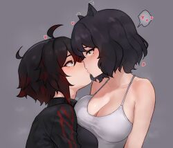 Rule 34 | 2girls, ahoge, animal ears, black hair, blake belladonna, bluefield, breasts, cat ears, cat girl, commentary, english commentary, grey background, grey eyes, heart, highres, kiss, large breasts, multiple girls, red hair, ruby rose, rwby, simple background, speech bubble, spoken heart, upper body, yellow eyes, yuri