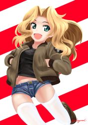 Rule 34 | 10s, 1girl, abazu-red, artist name, black shirt, blonde hair, blue eyes, blue shorts, boots, brown jacket, cowboy shot, denim, denim shorts, girls und panzer, hands in pockets, highres, jacket, kay (girls und panzer), long hair, long sleeves, looking at viewer, military, military uniform, open clothes, open jacket, open mouth, red background, shirt, short shorts, shorts, signature, smile, solo, standing, star (symbol), striped, striped background, thighhighs, twitter username, uniform, white thighhighs