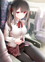 Rule 34 | 1girl, black hair, black pantyhose, blush, breasts, bus interior, clothes lift, highres, lifted by self, long hair, looking at viewer, oouso, original, panties, panties under pantyhose, pantyhose, pleated skirt, red eyes, school uniform, sitting, skirt, skirt lift, smile, solo focus, thighband pantyhose, twintails, underwear