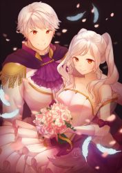 Rule 34 | 1boy, 1girl, aftergardens, ascot, black background, bouquet, bow, bride, closed mouth, dress, feathers, fire emblem, fire emblem awakening, flower, formal, gloves, holding, holding bouquet, long sleeves, nintendo, petals, robin (female) (fire emblem), robin (fire emblem), robin (male) (fire emblem), see-through, short hair, simple background, strapless, strapless dress, twintails, wedding dress, white dress, white gloves, white hair