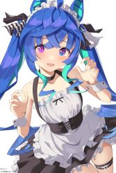 Rule 34 | 1girl, :d, @ @, ahoge, alternate costume, animal ears, apron, bare shoulders, black choker, black skirt, blue eyes, blue hair, blush, choker, collarbone, commentary request, enmaided, frilled apron, frilled skirt, frills, green hair, hair between eyes, hands up, heterochromia, highres, hirota fruit, horse ears, long hair, looking at viewer, maid, maid headdress, multicolored hair, open mouth, pleated skirt, purple eyes, sharp teeth, simple background, skirt, smile, solo, teeth, twin turbo (umamusume), twintails, two-tone hair, umamusume, very long hair, waist apron, white apron, white background, wrist cuffs