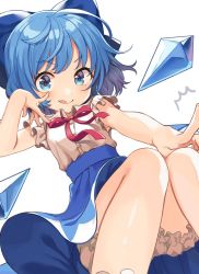 Rule 34 | 1girl, ^^^, adapted costume, akanbe, bare arms, bare legs, bloomers, blouse, blue bow, blue eyes, blue hair, blue skirt, bow, cirno, closed mouth, eyelid pull, hair bow, high-waist skirt, ice, ice wings, knees together feet apart, looking at viewer, shigure ui, shirt, short sleeves, simple background, skirt, sleeveless, sleeveless shirt, smile, solo, tongue, tongue out, touhou, underwear, v-shaped eyebrows, white background, white shirt, wings