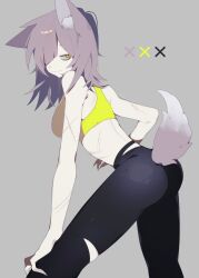 Rule 34 | 1girl, absurdres, animal ear fluff, animal ears, ass, black pants, breasts, closed mouth, fingernails, grey background, grey hair, hair over one eye, highres, leaning forward, long hair, looking at viewer, looking back, medium breasts, original, pants, scar, scar on arm, scar on face, sharp fingernails, simple background, solo, sports bra, tail, torn clothes, xx asui, yellow eyes