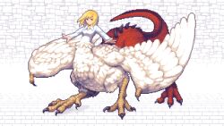 Rule 34 | 1girl, blonde hair, blue eyes, breasts, brick floor, brick wall, chimera, claws, collared shirt, commentary request, dragon tail, dungeon meshi, falin touden, falin touden (chimera), feathered wings, full body, long sleeves, medium breasts, medium hair, monster girl, pixel art, pixelflag, shirt, solo, spoilers, tail, taur, white shirt, white wings, wings