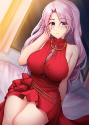 Rule 34 | 1girl, absurdres, adjusting hair, bare shoulders, blurry, blurry background, breasts, cleavage, closed mouth, commentary request, dress, highres, jewelry, kantai collection, large breasts, long hair, looking at viewer, luigi di savoia duca degli abruzzi (kancolle), multicolored hair, necklace, night, night sky, official alternate costume, on bed, parted bangs, pink eyes, pink hair, red dress, red hair, ruin re birth, sitting, sky, sleeveless, sleeveless dress, smile, solo, streaked hair, window
