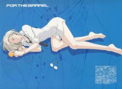 Rule 34 | 1girl, barefoot, bottomless, breasts, cleavage, female focus, for the barrel, fraw bow, glasses, gundam, koyama shigeto, long legs, lying, shirt, short hair, sleeves rolled up, small breasts, solo, white hair