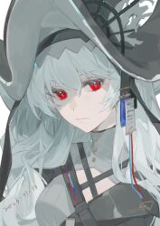 Rule 34 | 1girl, arknights, black hat, breasts, closed mouth, dated, dress, grey dress, grey hair, hair between eyes, hat, highres, long hair, looking at viewer, medium breasts, red eyes, simple background, solo, specter (arknights), specter the unchained (arknights), upper body, white background, yumingtongxue