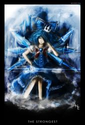 Rule 34 | 1girl, alternate costume, artist name, blue eyes, blue hair, cirno, dress, highres, ice, ice wings, lips, looking at viewer, matching hair/eyes, nearesven, realistic, ribbon, short hair, solo, throne, title, touhou, wings
