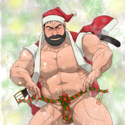 Rule 34 | 1boy, bara, bare pectorals, beard, blush, christmas, connected beard, cowboy shot, erection, facial hair, full beard, gift wrapping, hairy, hat, kumao-caffe, large pectorals, looking at viewer, male focus, mature male, muscular, muscular male, mustache, nipples, old, old man, original, pectorals, pubic stubble, red hat, robot penis, santa costume, santa hat, short hair, snowing, solo, sparse arm hair, sparse chest hair, sparse navel hair, strongman waist, thick beard, thick eyebrows, thick leg hair, thick mustache, thick thighs, thighs, wrinkled skin