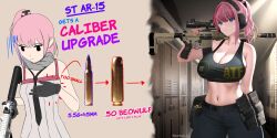Rule 34 | .50 beowulf, 1girl, 5.56x45mm nato, alternate breast size, ammunition, ammunition focus, ammunition pouch, anti-materiel cartridge, ar-15, arrow (symbol), atf, bare arms, belt, belt pouch, black belt, black eyes, black gloves, black necktie, black pants, blue eyes, blue pants, blue tank top, breast expansion, breasts, bullet, carbine cartridge, cartridge, character name, chinese commentary, cleavage, clothes writing, commentary, cowboy shot, dgkamikaze, dmr cartridge, dual persona, english commentary, english text, girls&#039; frontline, gloves, grey background, gun, hair ornament, handgun, headset, highres, holding, holding gun, holding weapon, holstered, indoors, intermediate cartridge, korean commentary, large breasts, lmg cartridge, locker, logo, logo parody, looking at viewer, looking down, magazine (weapon), military cartridge, mixed-language commentary, multiple girls, navel, necktie, over shoulder, pants, pink hair, ponytail, pouch, rifle, rifle cartridge, scope, sleeveless, small breasts, solo, st ar-15 (girls&#039; frontline), tank top, upper body, weapon, weapon name, weapon over shoulder