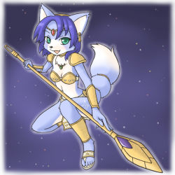 Rule 34 | 1girl, artist request, blue hair, furry, furry female, green eyes, hair ornament, jewelry, krystal, markings, necklace, night, nintendo, open mouth, sandals, shoulder pads, smile, solo, space, staff, star (symbol), star fox, tail, toes, tribal, weapon