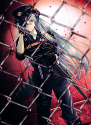 Rule 34 | 1girl, absurdres, arknights, baton (weapon), belt, black belt, black gloves, black hat, black horns, black pants, black pouch, black shirt, blurry, blurry background, blurry foreground, body armor, buckle, bulletproof vest, cable, chain-link fence, chiwa (chiwawanwan1206), closed mouth, collarbone, collared shirt, commentary request, depth of field, dragon girl, dragon horns, dragon tail, dutch angle, english text, feet out of frame, fence, floating hair, gloves, grey hair, grey tail, hair over eyes, hand on headwear, hand up, hat, highres, horns, long bangs, long hair, long sleeves, looking at viewer, multiple belts, official alternate costume, one eye covered, pants, partially unbuttoned, peaked cap, police, police hat, police uniform, policewoman, pouch, saria (arknights), saria (the law) (arknights), scales, serious, shadow, shirt, snap-fit buckle, solo, spotlight, standing, stone wall, straight hair, tail, thigh belt, thigh pouch, thigh strap, uniform, v-shaped eyebrows, very long hair, walkie-talkie, wall, weapon, wing collar, yellow eyes