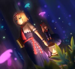 Rule 34 | 1girl, aletto-mikan, alice margatroid, blonde hair, blue dress, blue eyes, blurry, book, capelet, dark, doll, dress, dutch angle, glowing, hairband, highres, light, long hair, long sleeves, looking at viewer, mushroom, necktie, open mouth, puffy sleeves, ribbon, sash, shanghai doll, short hair, short sleeves, solo, touhou, wrist cuffs
