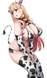 Rule 34 | 1girl, animal print, bikini, blonde hair, breasts, bridal gauntlets, collar, cow girl, cow print, cow tail, cowbell, ear tag, embarrassed, female focus, highres, huge breasts, jewelry, kitagawa marin, nail polish, neck bell, piercing, red eyes, ring, side-tie bikini bottom, simple background, sockinajar, sono bisque doll wa koi wo suru, swimsuit, tail, thighhighs, white background