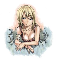 Rule 34 | 1girl, bandaged arm, bandages, blonde hair, brown eyes, closed mouth, fairy tail, fairy tail logo, hand tattoo, long hair, looking at viewer, lucy heartfilia, mashima hiro, red shirt, shirt, simple background, solo, standing, tattoo, upper body, white background