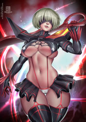 Rule 34 | 1girl, black ribbon, blindfold, bokuman, breasts, cosplay, feather-trimmed sleeves, feather trim, kill la kill, matoi ryuuko (cosplay), microskirt, nier (series), nier:automata, revealing clothes, skirt, solo, thigh boots, weapon, 2b (nier:automata)