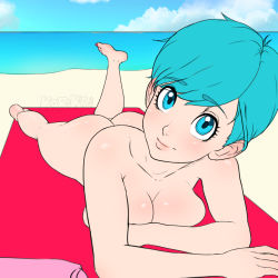 Rule 34 | 1girl, ass, bare shoulders, barefoot, beach, beach towel, blue eyes, blue hair, breasts, bulma, casual nudity, collarbone, completely nude, day, dragon ball, dragon ball super, dragonball z, facing viewer, foot up, full body, kariksart, looking at viewer, lying, mature female, medium breasts, nude, ocean, on stomach, outdoors, public indecency, sky, smile, solo, swept bangs, towel, water