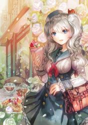 Rule 34 | 1girl, :d, anchor symbol, bag, blue dress, blue eyes, blue hat, blue sailor collar, breasts, crepe, cup, dress, food, fruit, hair ornament, hat, highres, holding, holding food, kantai collection, kashima (kancolle), long hair, medium breasts, neckerchief, open mouth, outdoors, red neckerchief, rioka (southern blue sky), sailor collar, shoulder bag, silver hair, smile, solo, standing, strawberry, table, teacup, twintails, twintails day