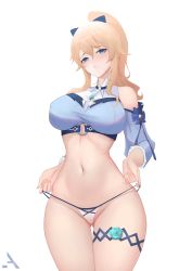Rule 34 | 1girl, absurdres, ankle, bare shoulders, blonde hair, blue eyes, blue shirt, blush, bow, breasts, cameltoe, detached sleeves, flower, genshin impact, gluteal fold, groin, hair bow, highres, jean (genshin impact), jean (sea breeze dandelion) (genshin impact), large breasts, looking at viewer, navel, official alternate costume, ponytail, shirt, solo, stomach, thighs, thong, ultra-13, underwear