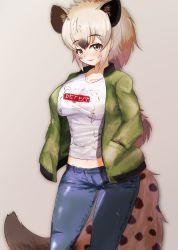 Rule 34 | 1girl, akaisuto, alternate costume, animal ears, bad id, bad pixiv id, black hair, breasts, brown hair, buttons, casual, clothes writing, collarbone, contemporary, denim, extra ears, fur, grey eyes, grey hair, hair between eyes, hand in pocket, highres, hyena ears, hyena tail, jacket, jeans, kemono friends, large breasts, long hair, long sleeves, looking at viewer, midriff, multicolored hair, navel, open clothes, open jacket, pants, parted lips, pocket, shirt, sidelocks, smile, solo, spotted hyena (kemono friends), stomach, tail