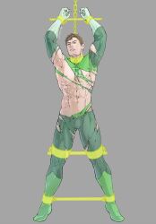 Rule 34 | 1boy, abs, artist name, bara, black bodysuit, bodysuit, boots, bound, bound ankles, bound legs, bound wrists, brown hair, dc comics, evinist, green bodysuit, green lantern, green lantern (series), grey background, hal jordan, highres, large pectorals, male focus, muscular, muscular male, navel, nipples, pectorals, restrained, short hair, simple background, solo, superhero costume, thick thighs, thighs, torn bodysuit, torn clothes, two-tone bodysuit