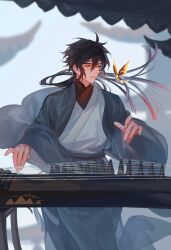 Rule 34 | 1boy, absurdres, alternate costume, architecture, chinese clothes, crystalfly (genshin impact), donaldakron, east asian architecture, genshin impact, geo crystalfly, guzheng, hanfu, highres, male focus, solo, zhongli (genshin impact)