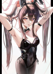 Rule 34 | 1girl, absurdres, alternate costume, arm belt, armpits, arms up, bare shoulders, black border, black bow, black leotard, black pantyhose, blush, border, bow, breasts, cleavage, collarbone, commentary request, covered navel, cowboy shot, detached collar, flower, flower-shaped pupils, genshin impact, hair between eyes, hair flower, hair ornament, highleg, highleg leotard, highres, hu tao (genshin impact), leotard, medium breasts, otabaaa, pantyhose, playboy bunny, rabbit hair ornament, red eyes, side-tie leotard, sideboob, sidelocks, solo, strapless, strapless leotard, symbol-shaped pupils, tongue, tongue out, twintails, white background
