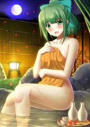 Rule 34 | 10s, 1girl, :d, afloat, aqua bow, autumn leaves, bad id, bad nicoseiga id, bamboo, blush, bow, choko (cup), collarbone, covering privates, cup, falling leaves, fence, full moon, green eyes, green hair, hair bow, kantai collection, lantern, leaf, looking at viewer, maple leaf, moon, naked towel, night, night sky, nude, nude cover, onsen, open mouth, outdoors, ponytail, rock, shibata rai, sitting, sky, smile, soaking feet, solo, star (sky), starry sky, tokkuri, towel, tray, water, wet, yuubari (kancolle)