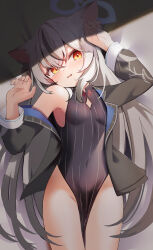 Rule 34 | 1girl, animal ears, black dress, black hair, blue archive, blue halo, blush, breasts, clothing cutout, cowboy shot, dress, grey hair, grey jacket, groin, hair between eyes, halo, highres, jacket, kokona (blue archive), long hair, long sleeves, looking at viewer, moepu., multicolored hair, open clothes, open jacket, open mouth, small breasts, solo, striped clothes, striped dress, tears, tiger ears, vertical-striped clothes, vertical-striped dress, yellow eyes